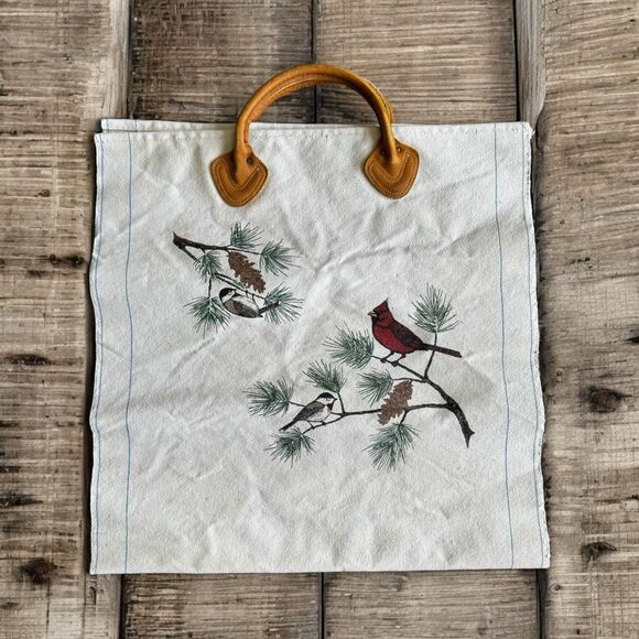 VTG L.L. Bean Firewood Log Holder Carrier Leather Handles Winter Cardinal & Pin - Picture 2 of 7